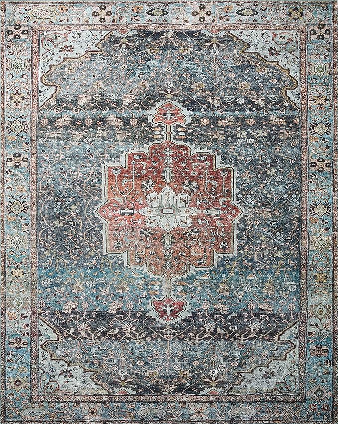 Loloi Margot Collection MAT-05 Ocean/Brick 2'-0" x 5'-0" Accent Rug feat. CloudPile, No-Shed Easy Clean Large Patterned Area Rug for Living Room, Bedroom, Dining Area