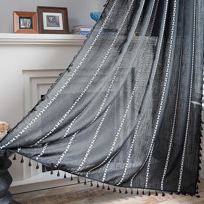 Sutuo Home Black Boho Curtains for Bedroom Living Room, Semi Blackout Linen Farmhouse Tassels Window Treatment Bohemian Embroidery Drape for Halloween Decor, Rod Pocket 1 Panel 52" W x 72" L