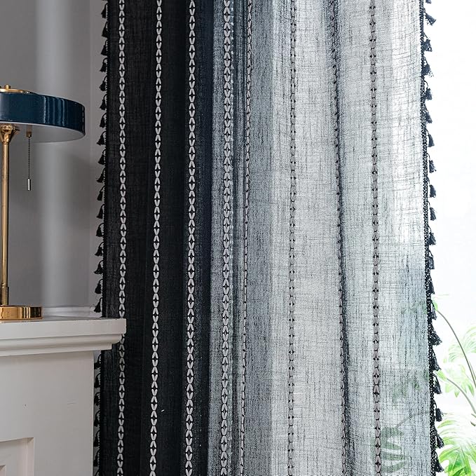 Sutuo Home Boho Curtains for Bedroom Living Room Kitchen, Semi Blackout Linen Farmhouse Shabby Chic Tassels Window Treatment Bohemian Embroidery Drape, Rod Pocket 1 Panel 52" W x 96" L, Black