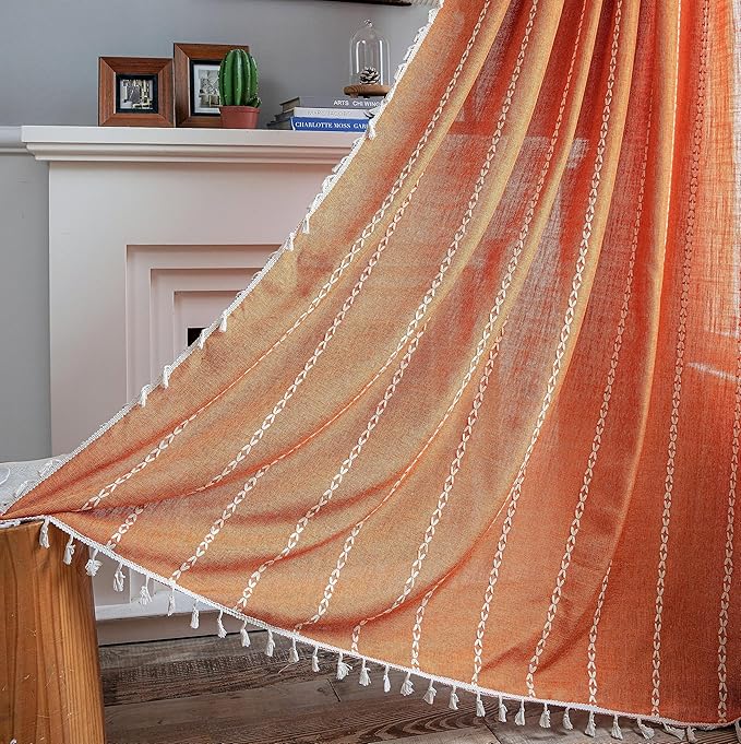 Sutuo Home Orange Boho Curtains for Bedroom Living Room, Semi Blackout Linen Farmhouse Tassels Window Treatment Bohemian Embroidery Drape for Fall Autumn Decor, Rod Pocket 1 Panel 52" W x 72" L