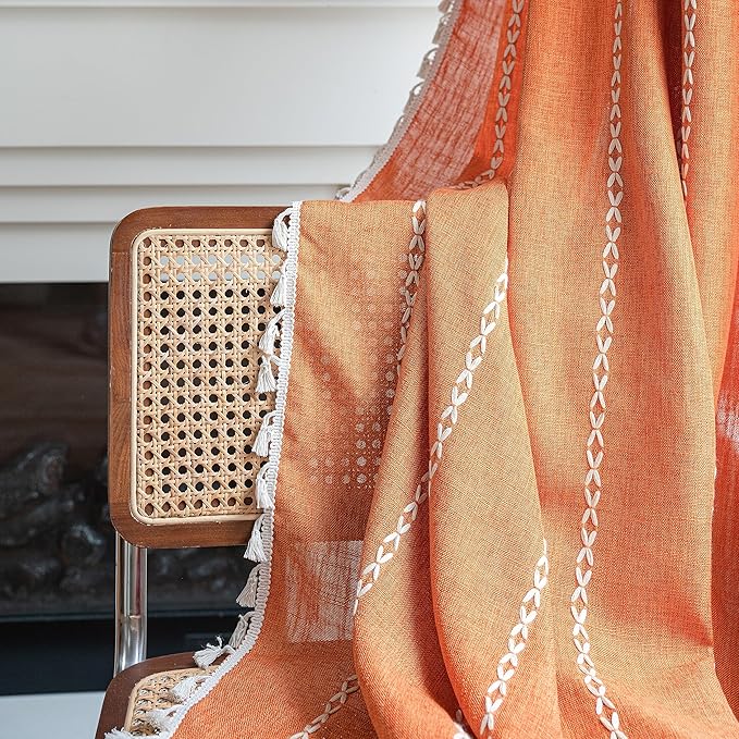 Sutuo Home Orange Boho Curtains for Bedroom Living Room, Semi Blackout Linen Farmhouse Tassels Window Treatment Bohemian Embroidery Drape for Fall Autumn Decor, Rod Pocket 1 Panel 52" W x 72" L