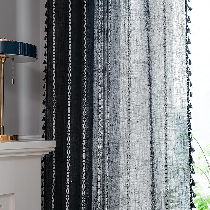 Sutuo Home Black Boho Curtains for Bedroom Living Room, Semi Blackout Linen Farmhouse Tassels Window Treatment Bohemian Embroidery Drape for Halloween Decor, Rod Pocket 1 Panel 52" W x 72" L