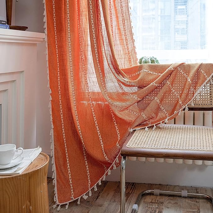 Sutuo Home Orange Boho Curtains for Bedroom Living Room, Semi Blackout Linen Farmhouse Tassels Window Treatment Bohemian Embroidery Drape for Fall Autumn Decor, Rod Pocket 1 Panel 52" W x 72" L