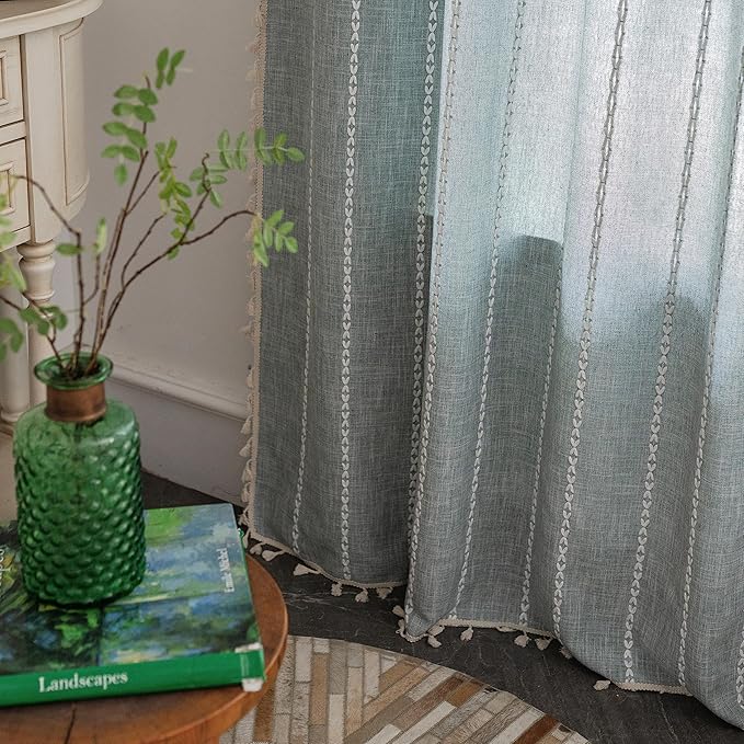 Sutuo Home Boho Curtains for Bedroom Living Room Kitchen, Semi Blackout Linen Farmhouse Shabby Chic Tassels Window Treatment Bohemian Embroidery Drape, Rod Pocket 1 Panel 52" W x 90" L, Greyish Blue
