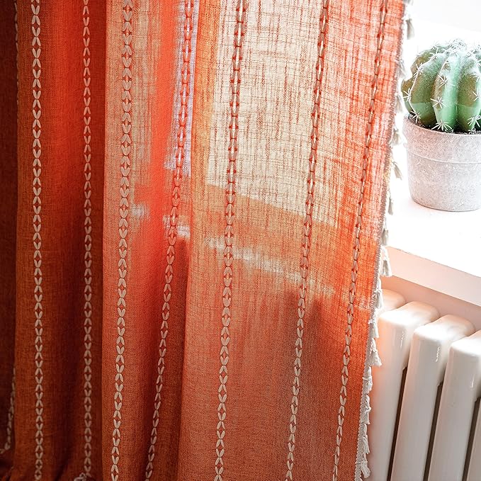Sutuo Home Orange Boho Curtains for Bedroom Living Room, Semi Blackout Linen Farmhouse Tassels Window Treatment Bohemian Embroidery Drape for Fall Autumn Decor, Rod Pocket 1 Panel 52" W x 72" L